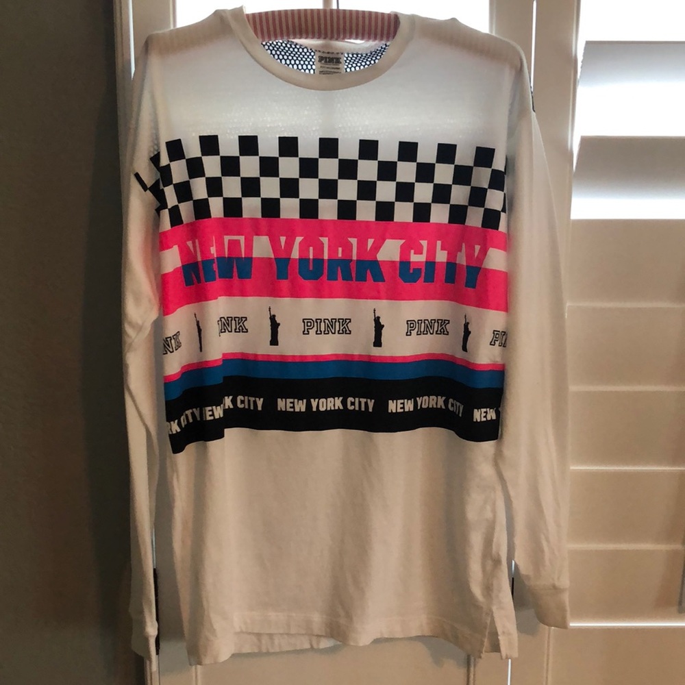 NWOT PINK New York City checkered print mesh accent long sleeve tee RARE - Picture 2 of 8